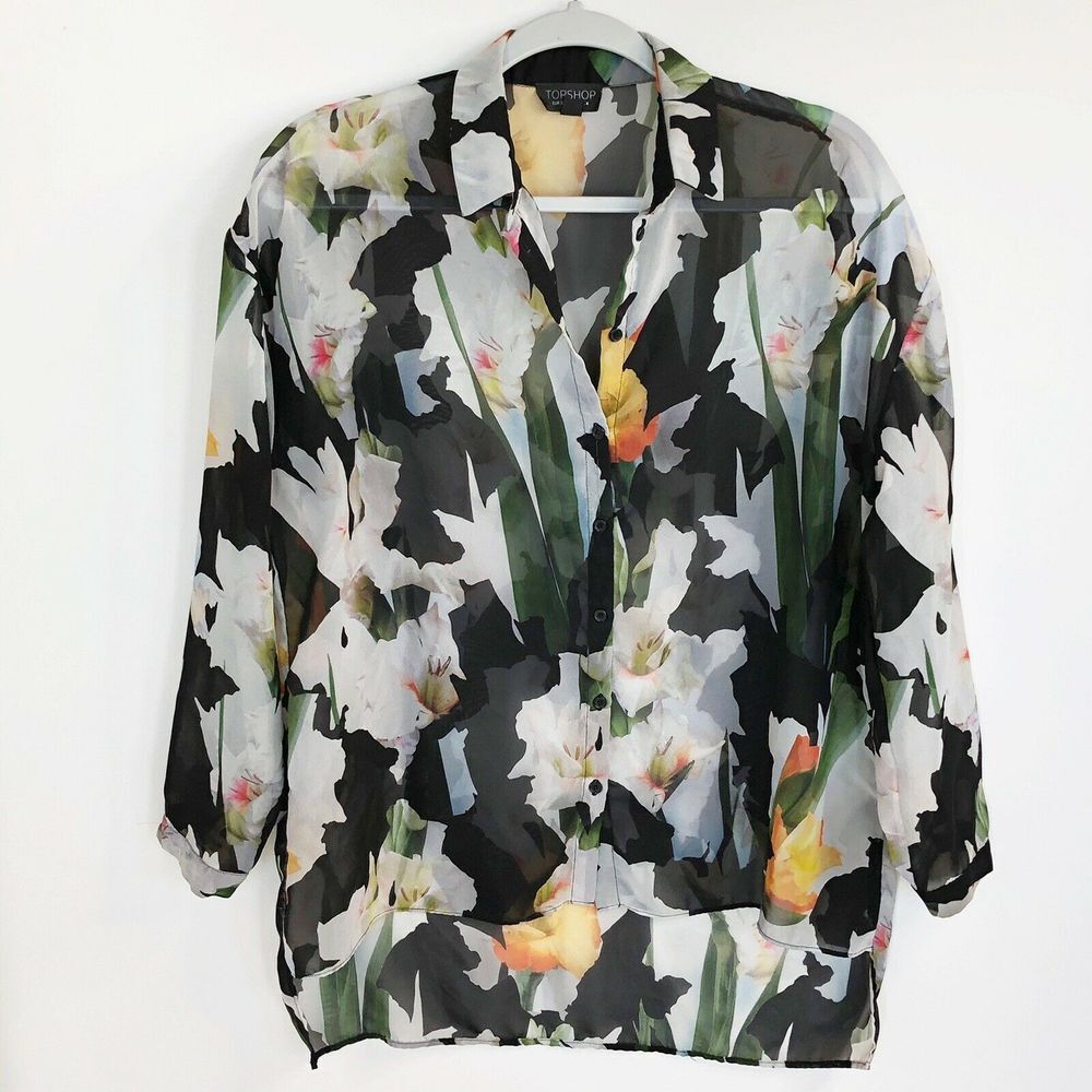 TopShop Top Sheer Floral Hi Lo Size 0 Black
